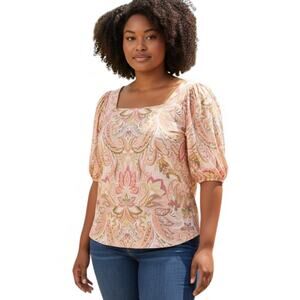 Cece NWT Women’s Pink and Cream Paisley Puff Sleeve Blouse Size XL
